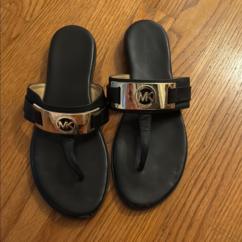 Michael Kors Black Sandals with Gold Logo